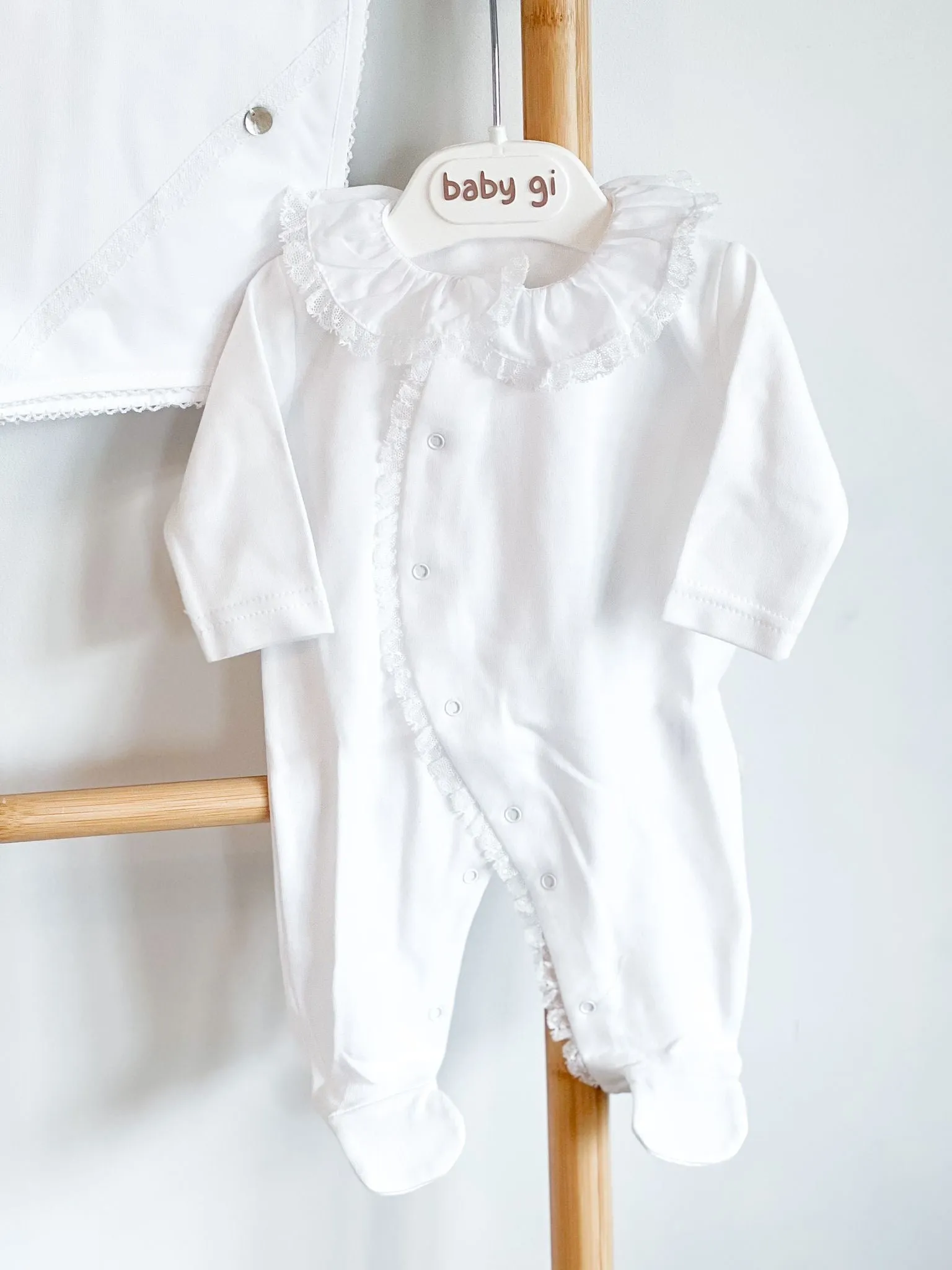 BabyGi White Baby Grow Trimmed With White Lace