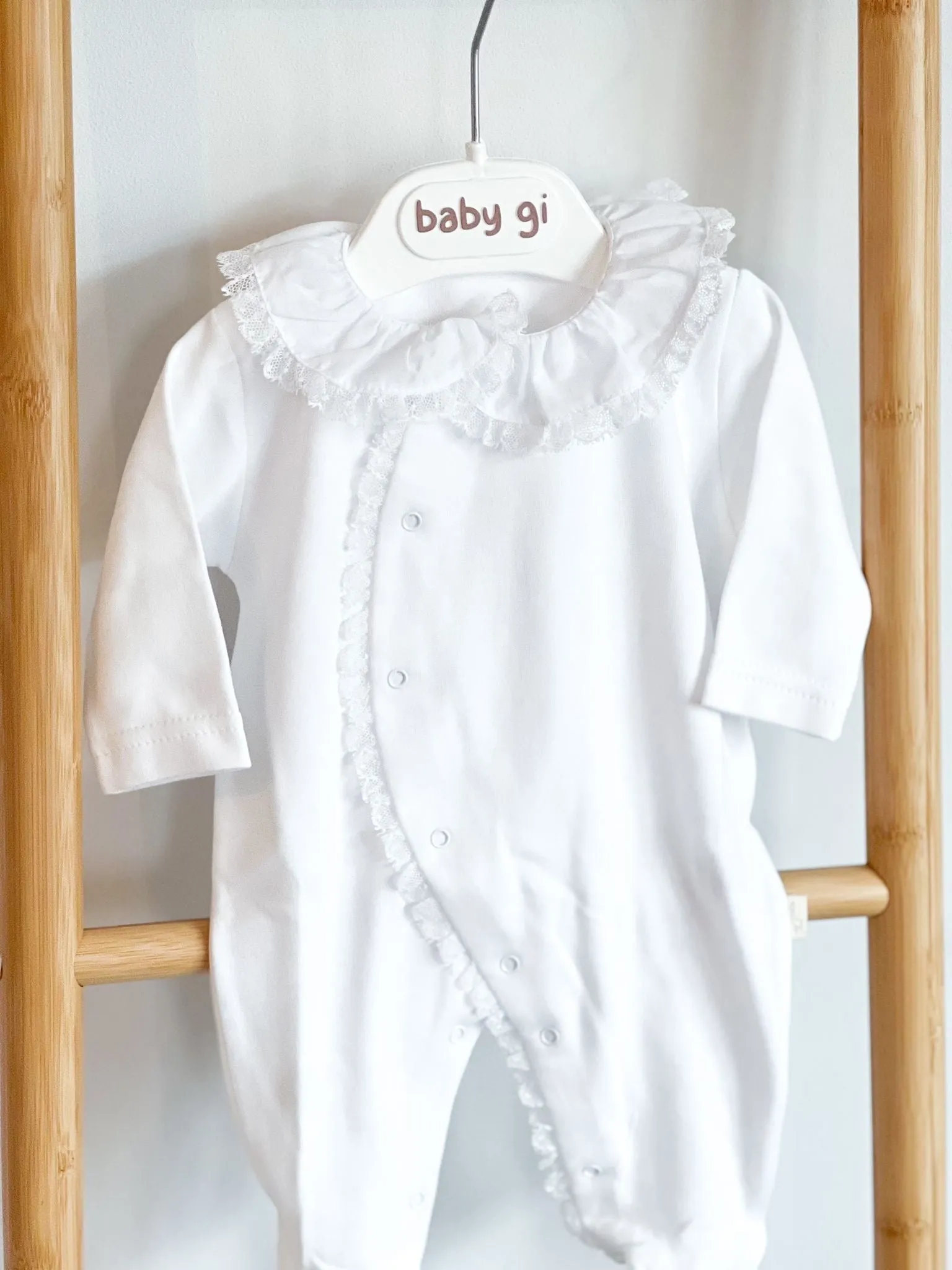 BabyGi White Baby Grow Trimmed With White Lace