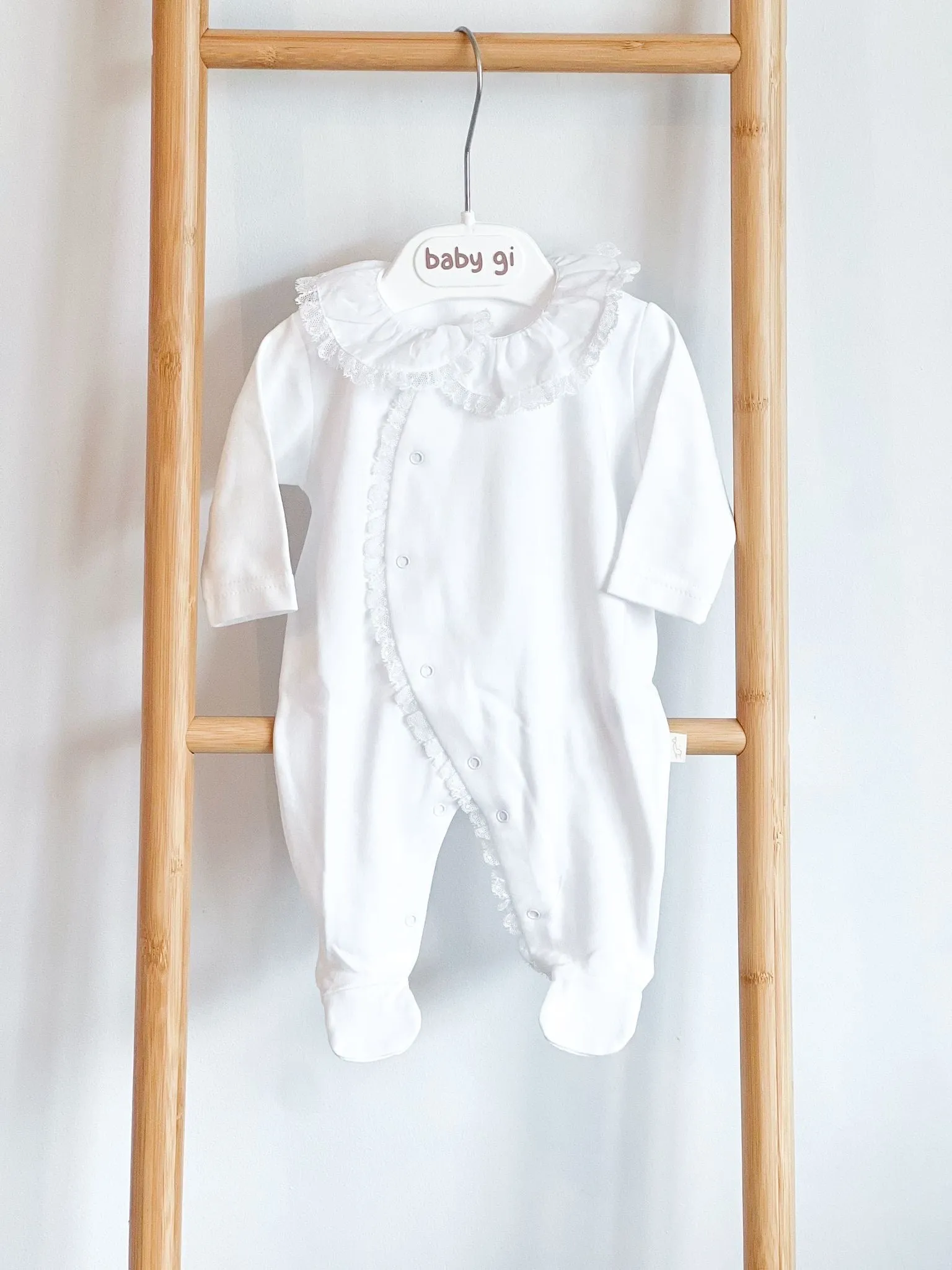 BabyGi White Baby Grow Trimmed With White Lace