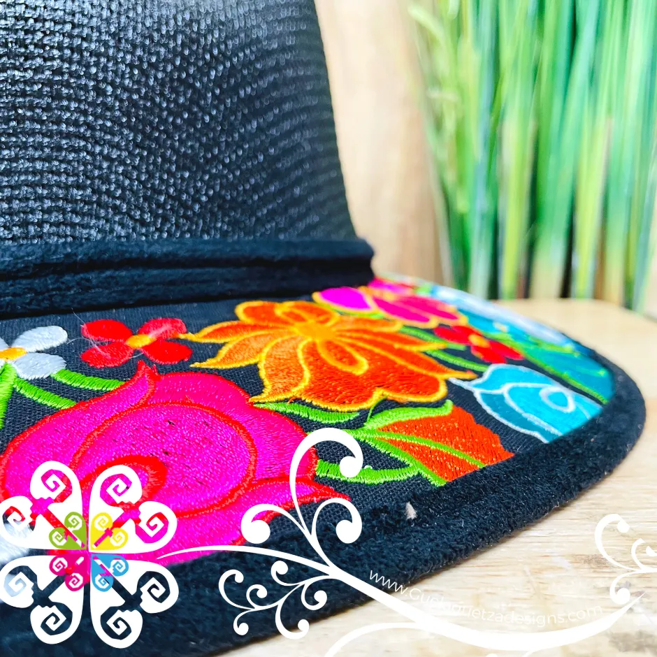 Black Embroider Summer Hat - Black Floral Rim