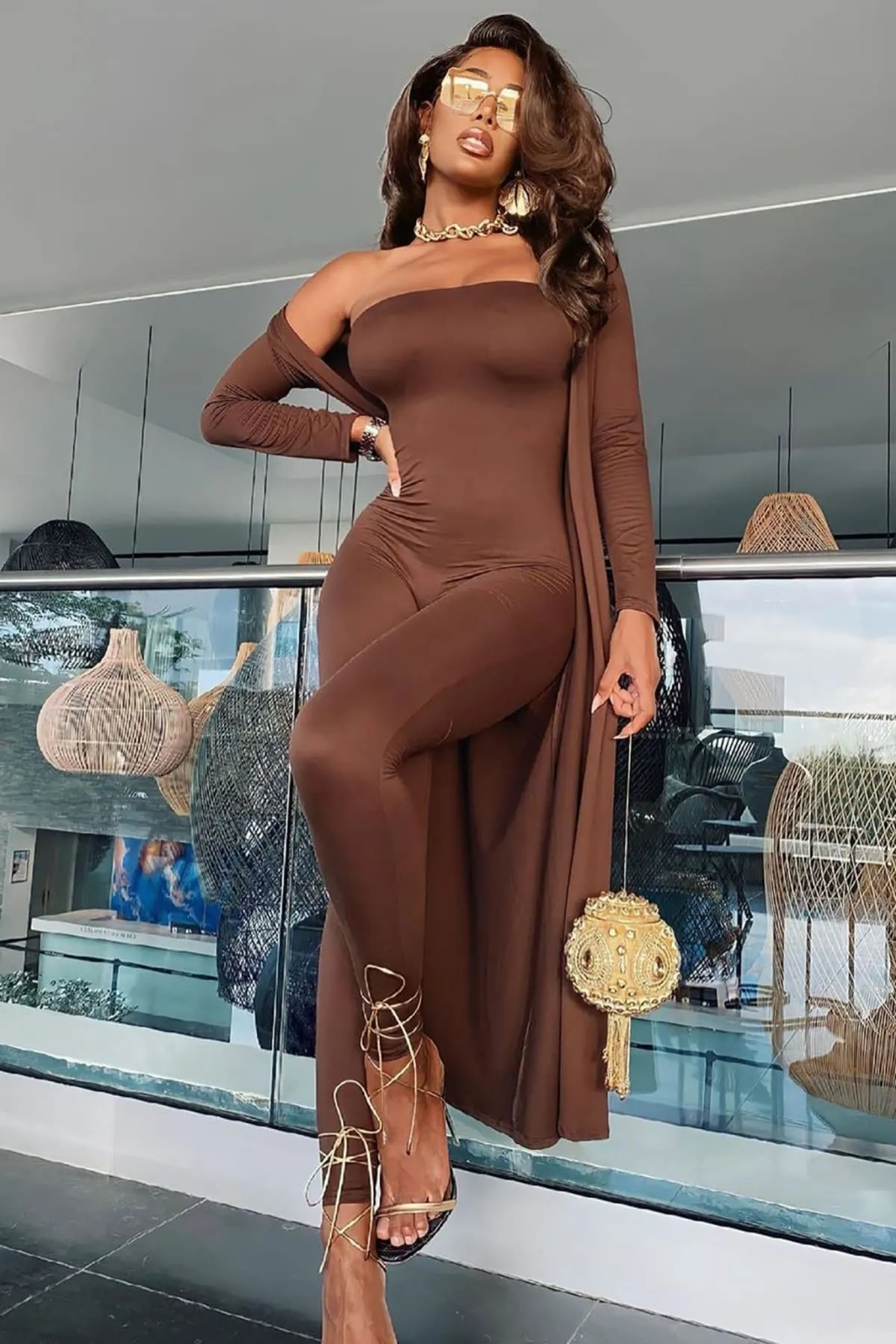 Brown Strapless Tight Jumpsuit