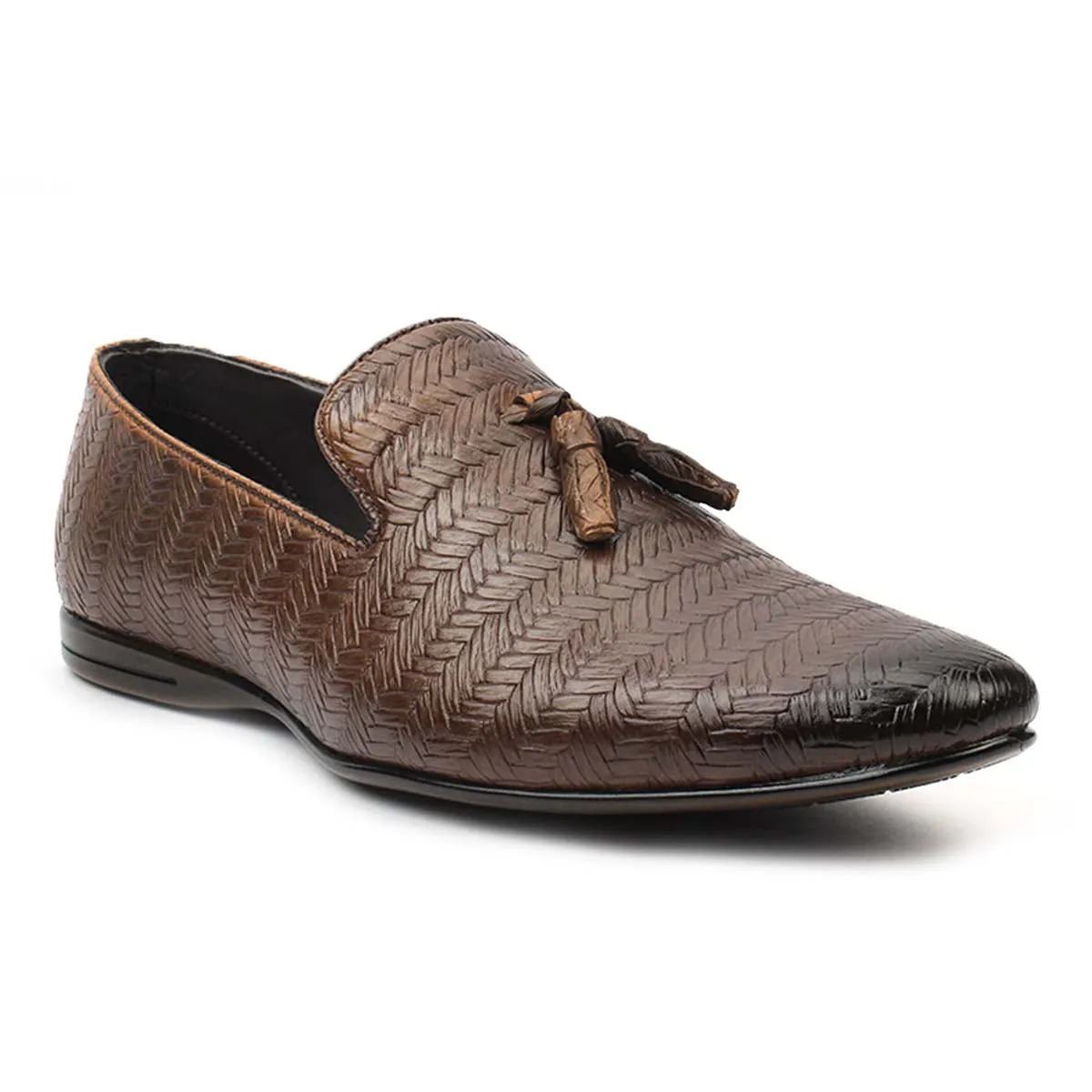 Brown Textured Tassel Loafers