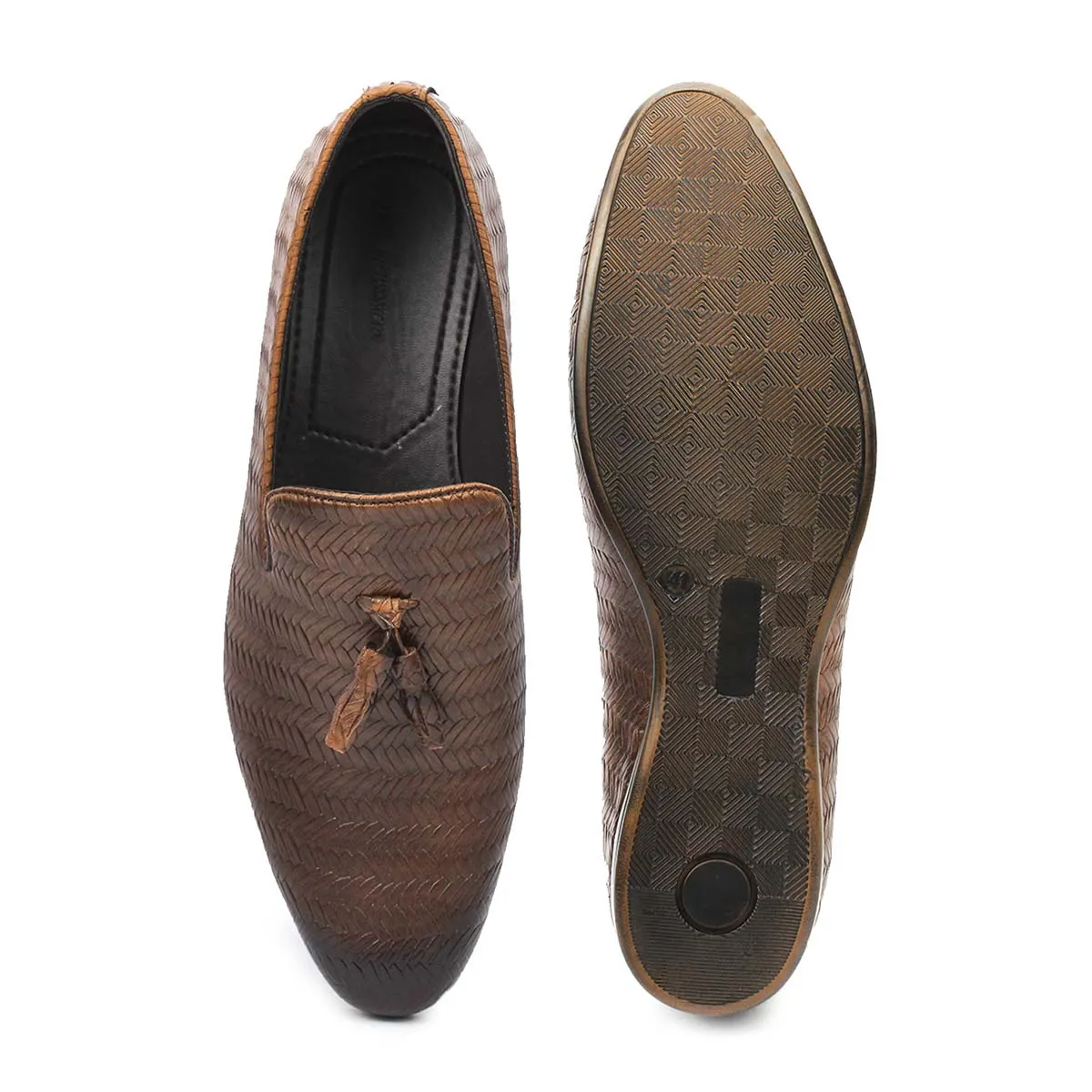 Brown Textured Tassel Loafers