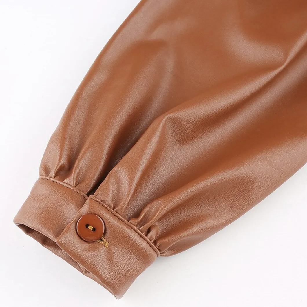 CAMASA 'BROWN LEATHER' - Camasa maro din piele si umeri bufanti