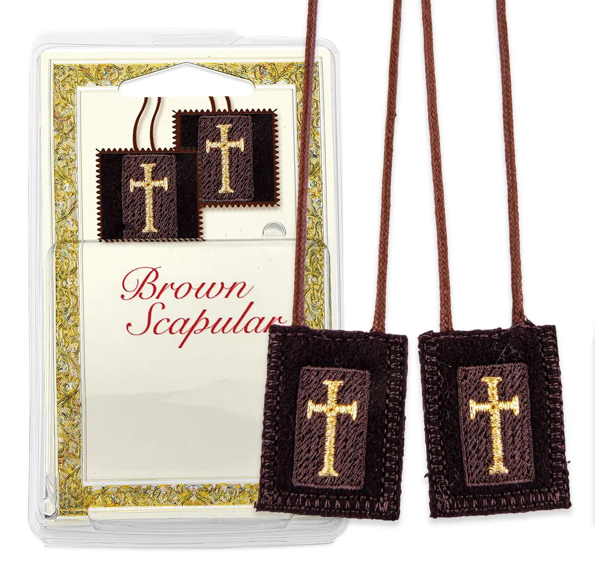 Deluxe Brown Wool Scapular w/ Gold Cross