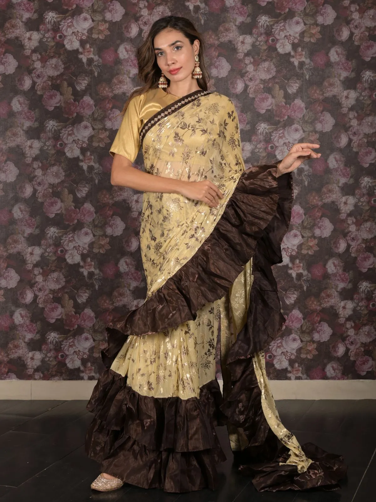 Odette Beige and Brown Foil Printed Ruffles Lycra Saree for Women