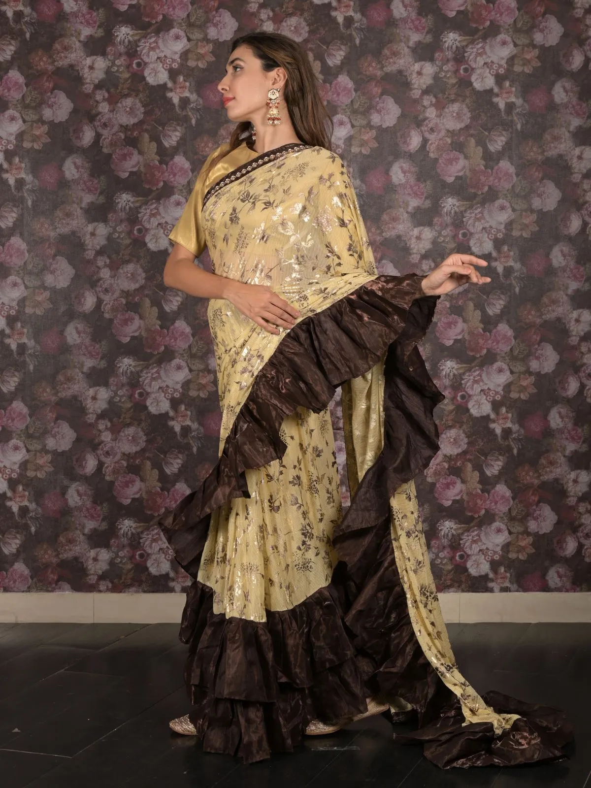 Odette Beige and Brown Foil Printed Ruffles Lycra Saree for Women