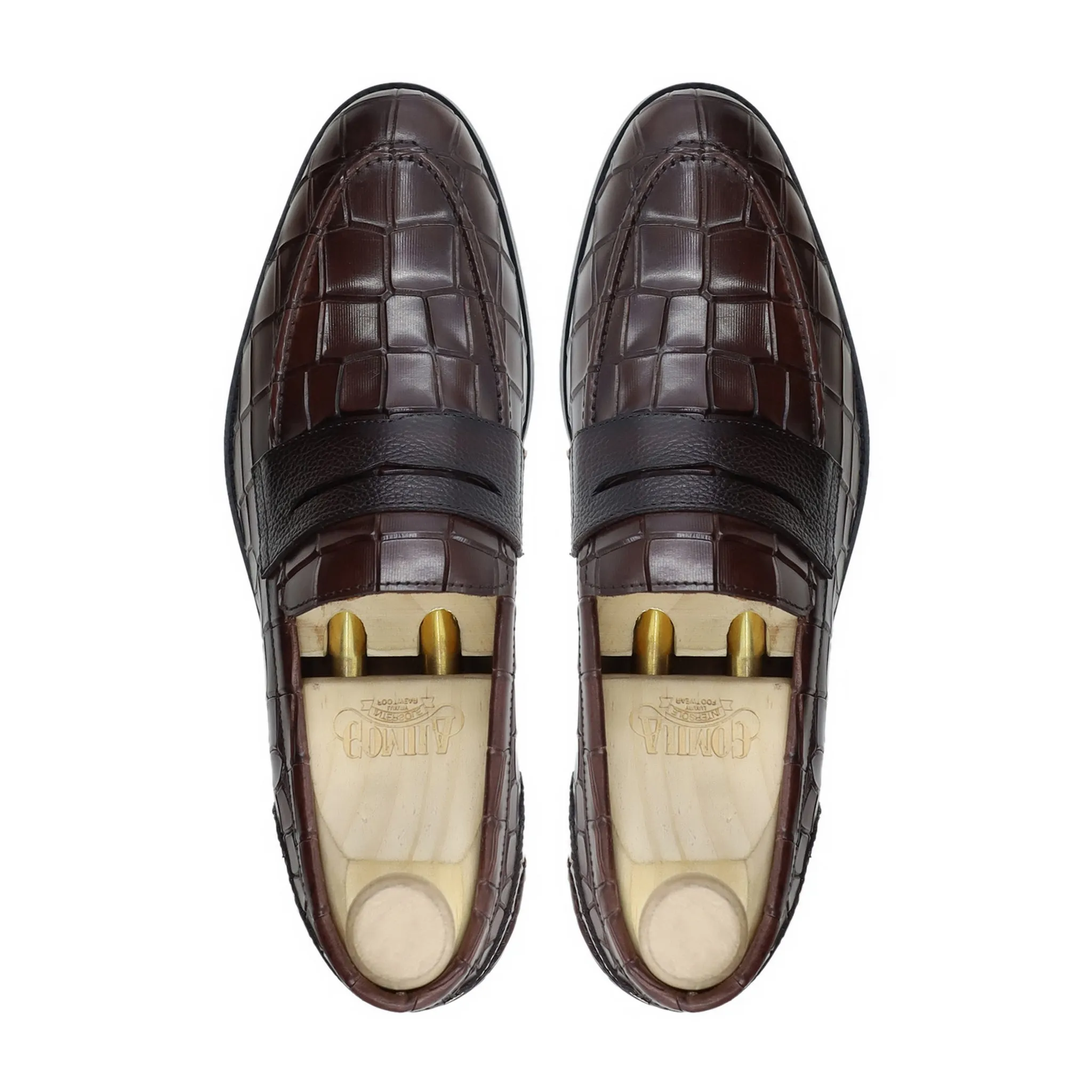 Oregano - Men's Dark Brown Crocodile Printed Calf Leather Loafer