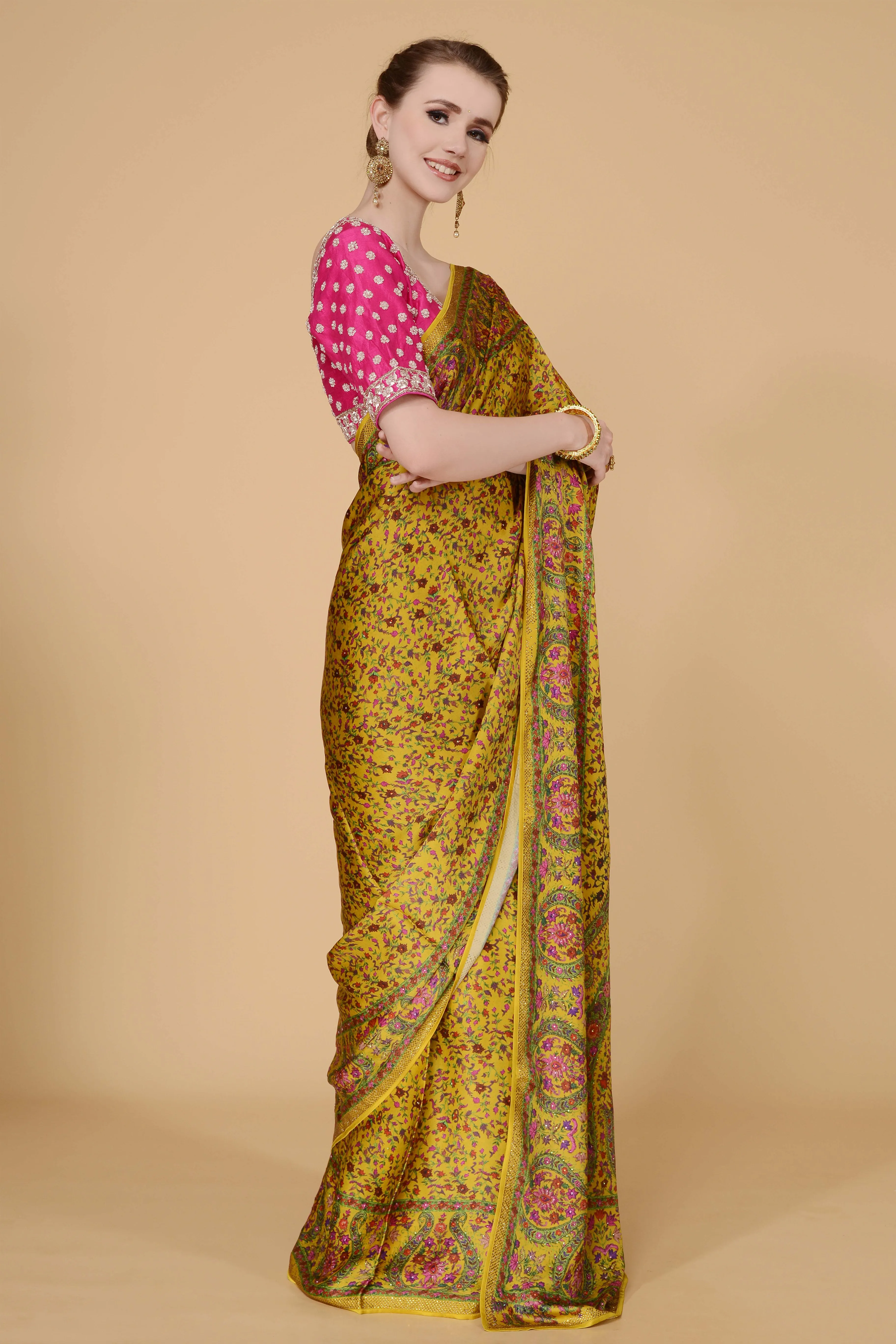 Pale Yellow Printed Saree