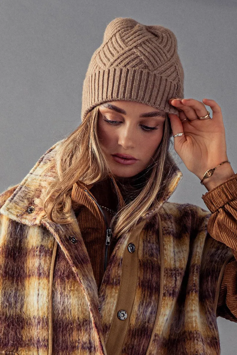 Textured Knit Cuff Beanie - Camel