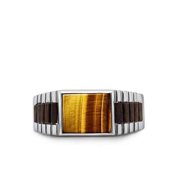 Tigers Eye Jewelry Man Statement Solid Fine 14k White Gold Men's Heavy Wide Ring