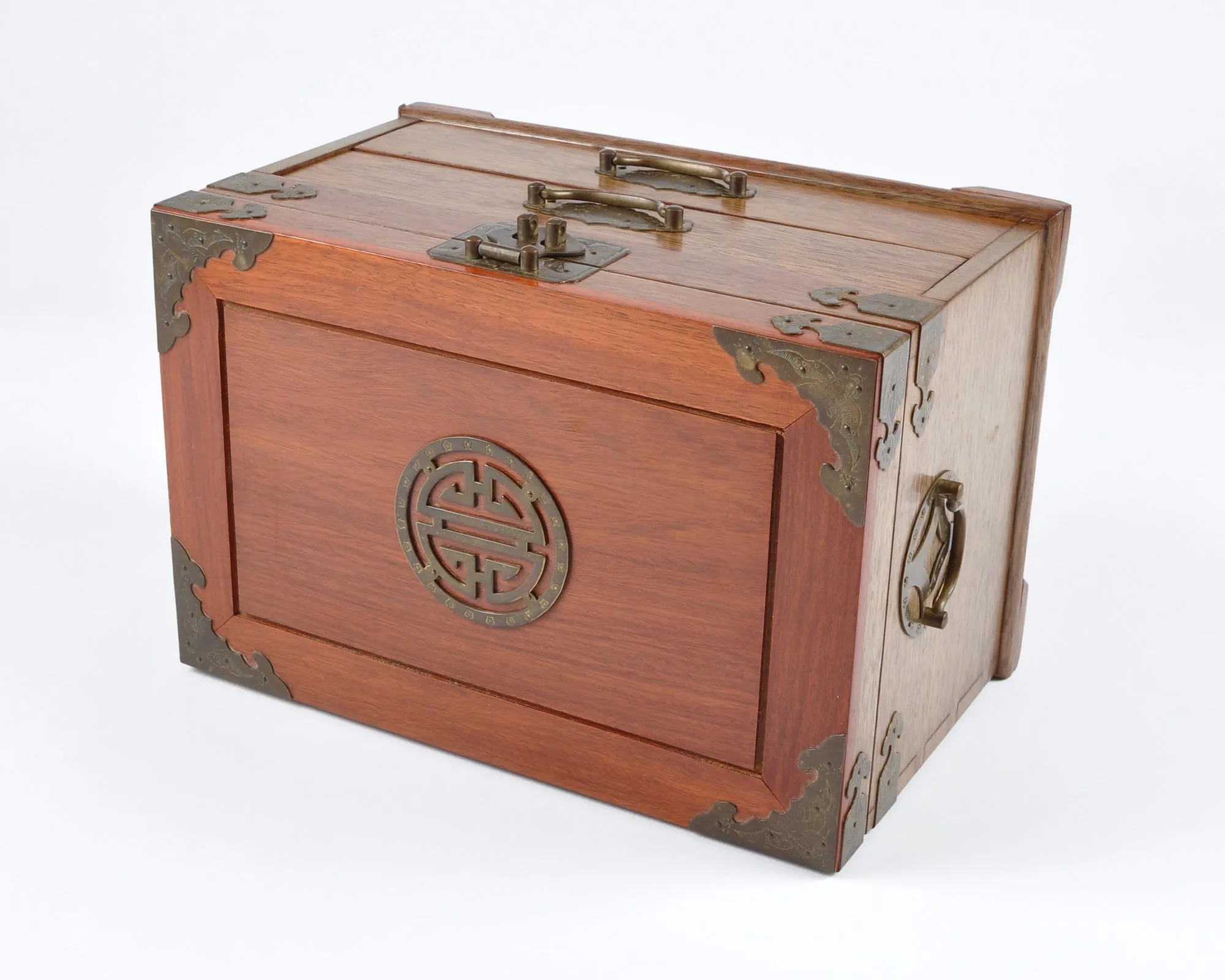 Vintage Jewelry Box-Multilayer Brocade Lined-Wood and Brass Chest-Two Drawers-Hong Kong