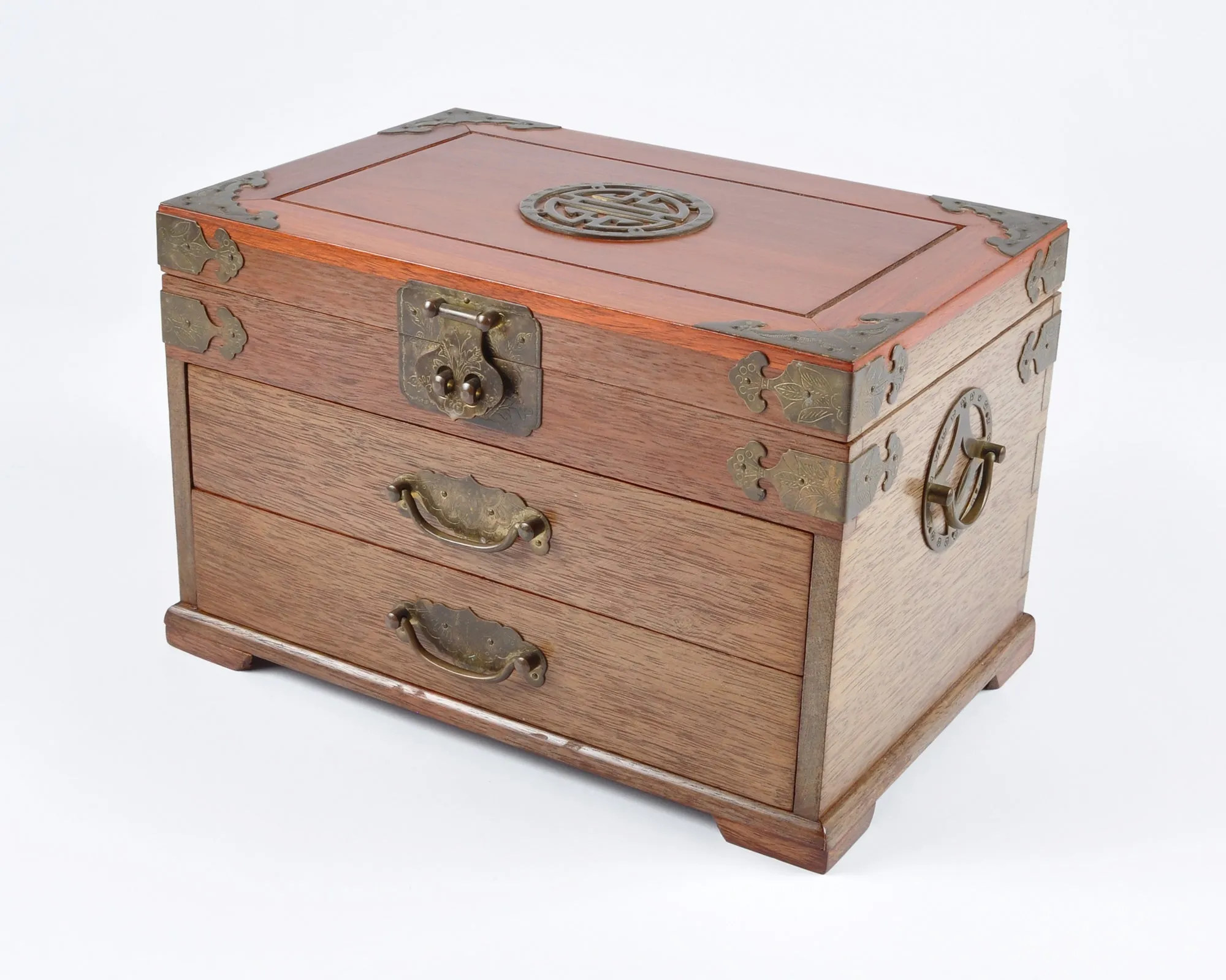 Vintage Jewelry Box-Multilayer Brocade Lined-Wood and Brass Chest-Two Drawers-Hong Kong