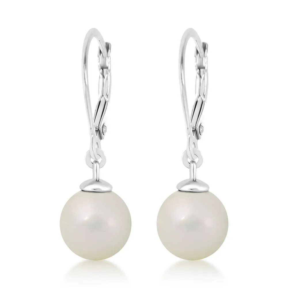 White Pearl White Gold Palladium Girl's Leverback Earrings