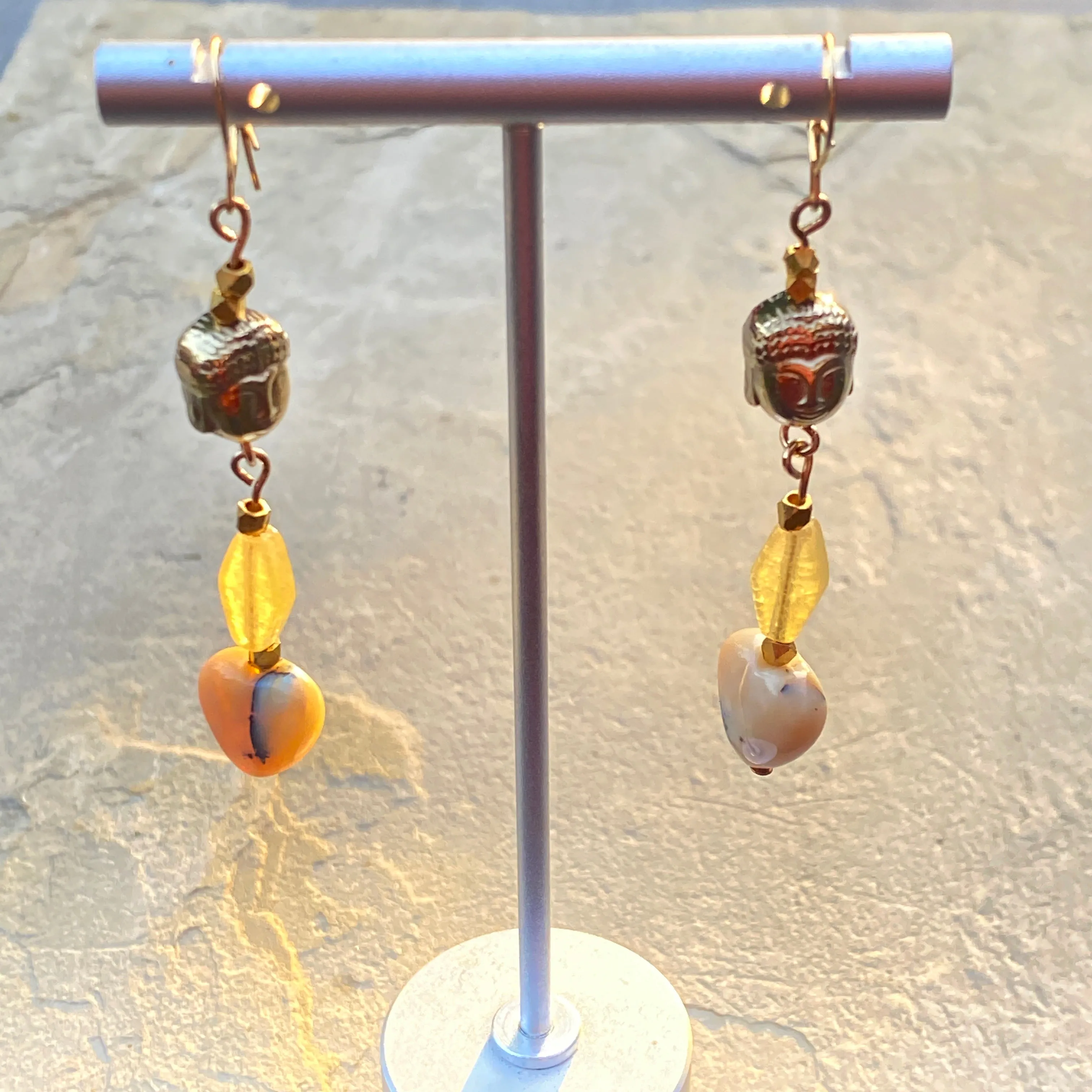 yellow Agate hearts, Hematite Buddha, yellow Calcite Gemstone earrings