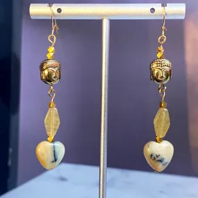 yellow Agate hearts, Hematite Buddha, yellow Calcite Gemstone earrings