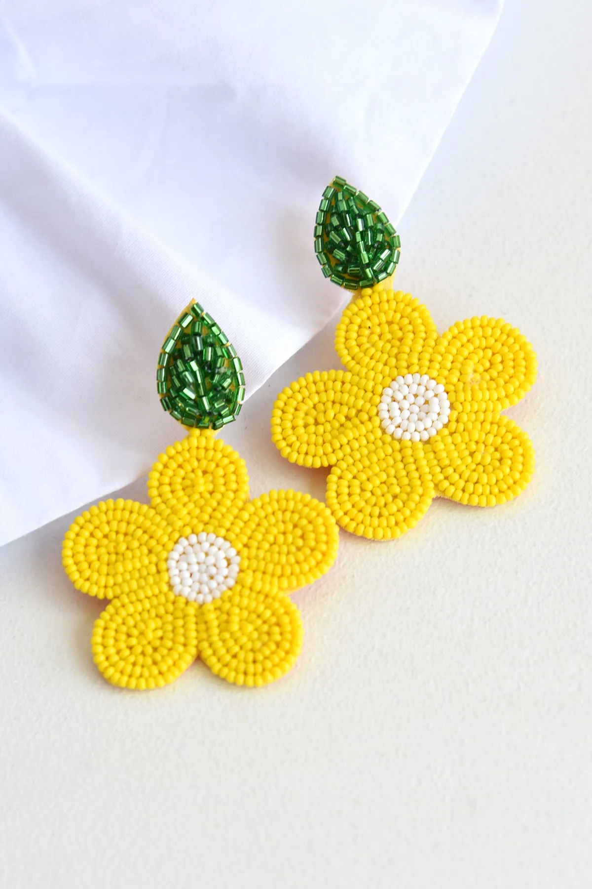 YELLOW BEADED FLOWER EARRINGS